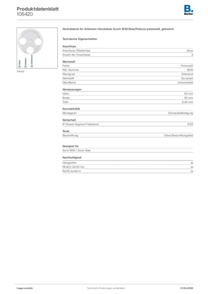 Bild Berker Produktdatenblatt 106420 | Hager Deutschland