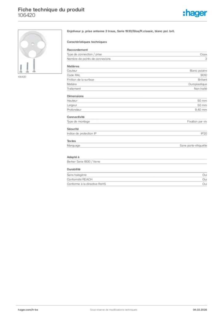 Image Hager Fiche technique du produit 106420 | Hager Belgique