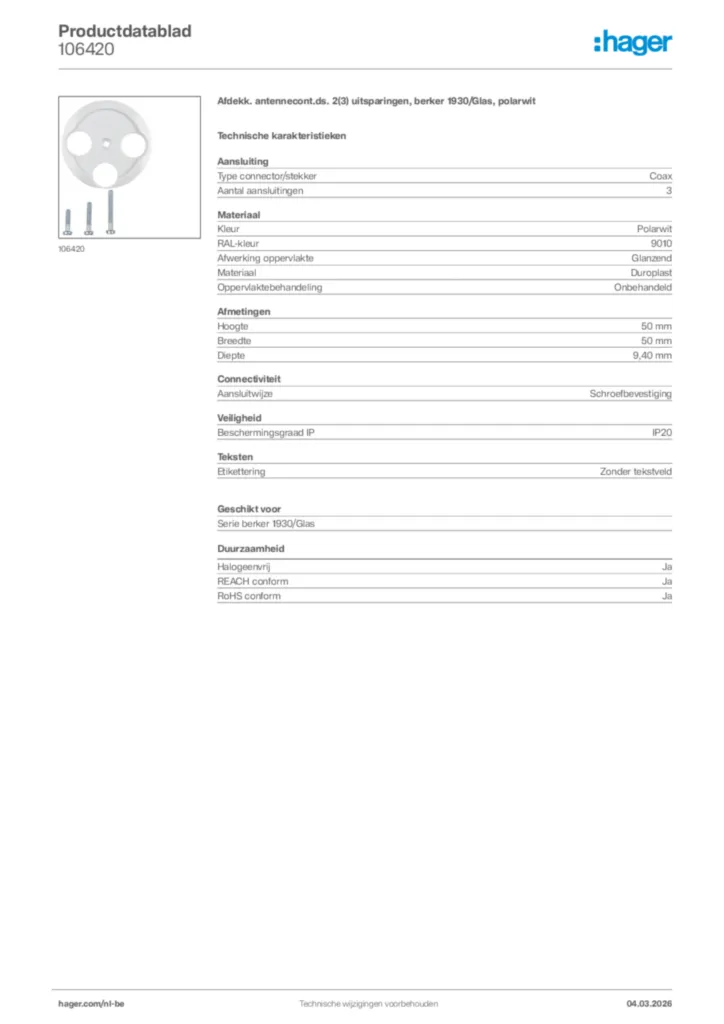 Afbeelding Hager Productdatablad 106420 | Hager Belgium