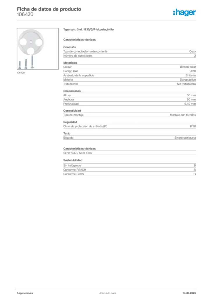 Imagen Hager Ficha de datos de producto 106420 | Hager España