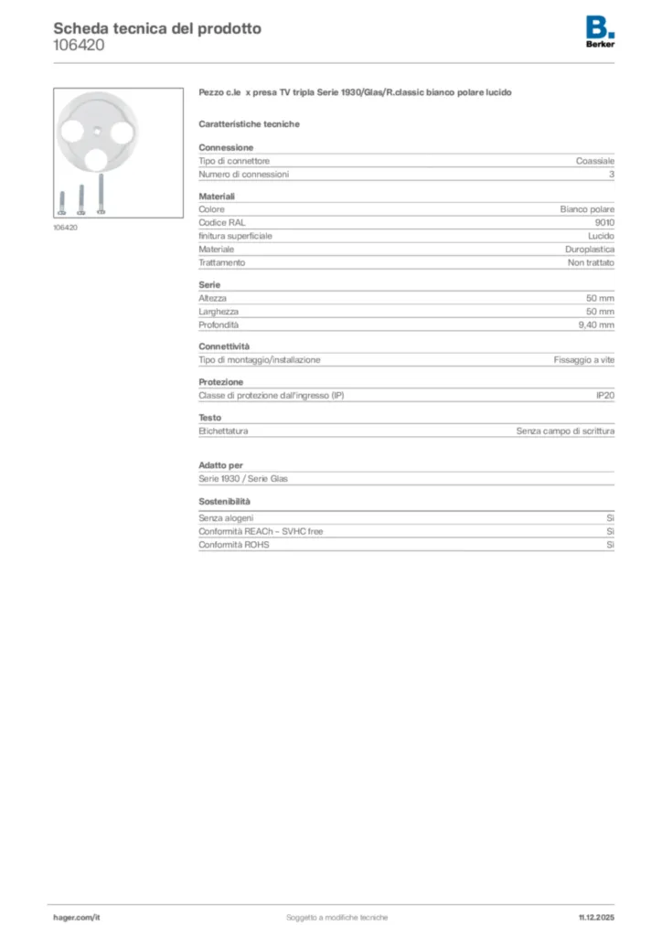 Immagine Berker Scheda tecnica del prodotto 106420 | Hager Italia