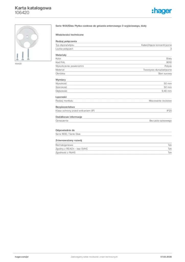 Zdjęcie Hager Karta katalogowa 106420 | Hager Polska