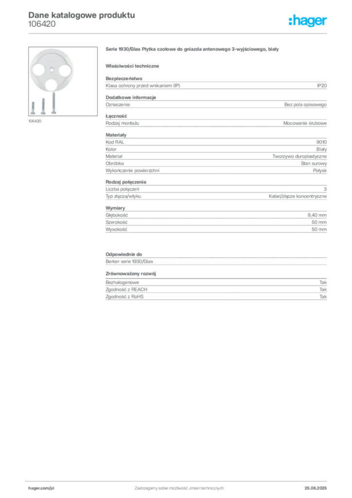 Zdjęcie Hager Dane katalogowe produktu 106420 | Hager Polska