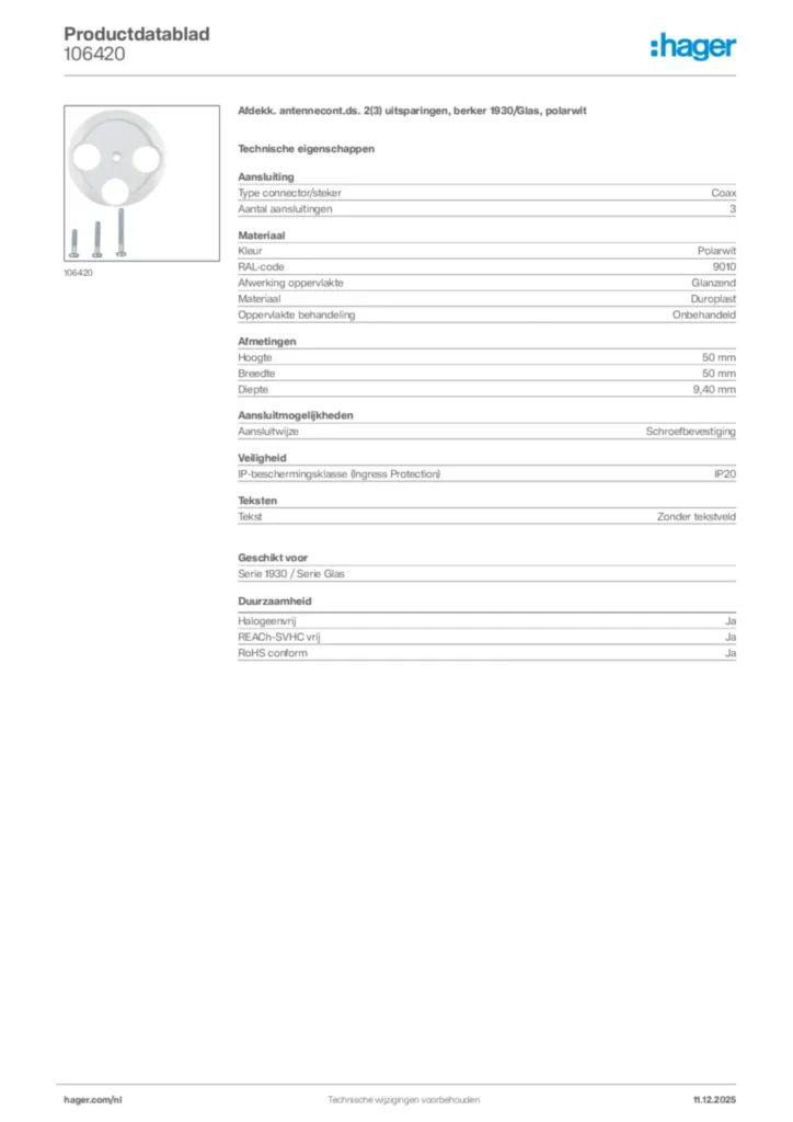 Afbeelding Hager Productdatablad 106420 | Hager Nederland