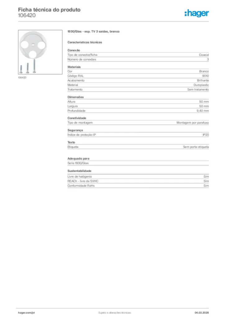 Imagem Hager Ficha técnica do produto 106420 | Hager Portugal