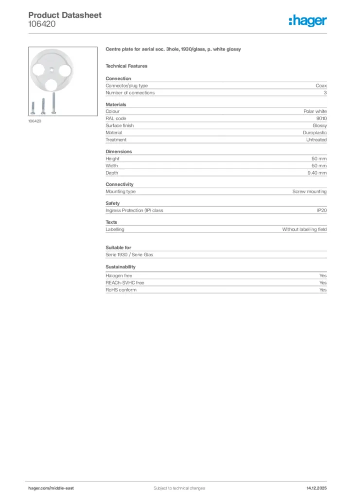Image Hager Product data sheet 106420  | Hager