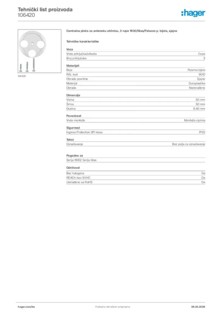 Slika Hager Tehnički list proizvoda 106420  | Hager