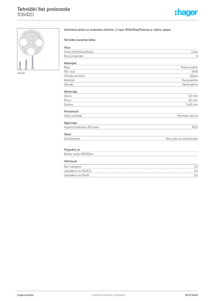 Slika Hager Product data sheet 106420  | Hager