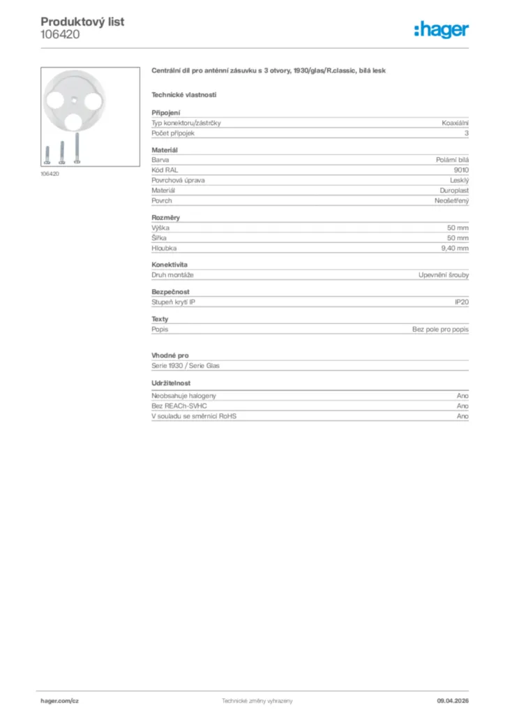 Obrázek Hager Product data sheet 106420 | Hager