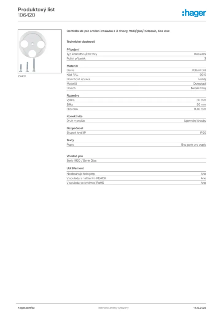 Obrázek Hager Produktový list 106420 | Hager