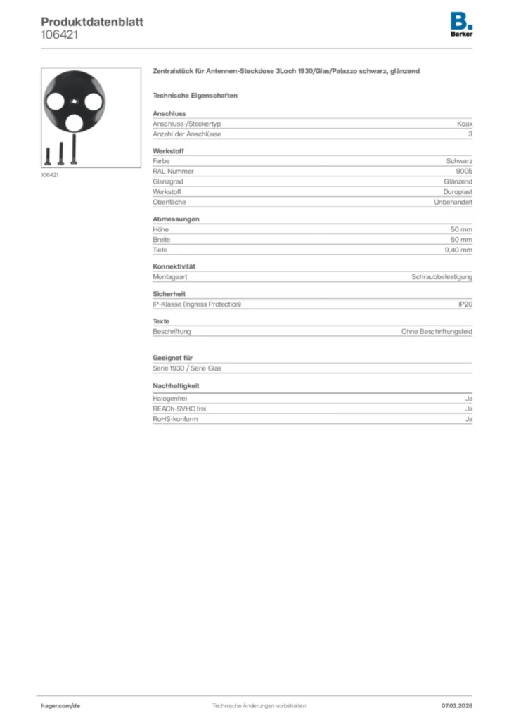 Bild Berker Produktdatenblatt 106421 | Hager Deutschland