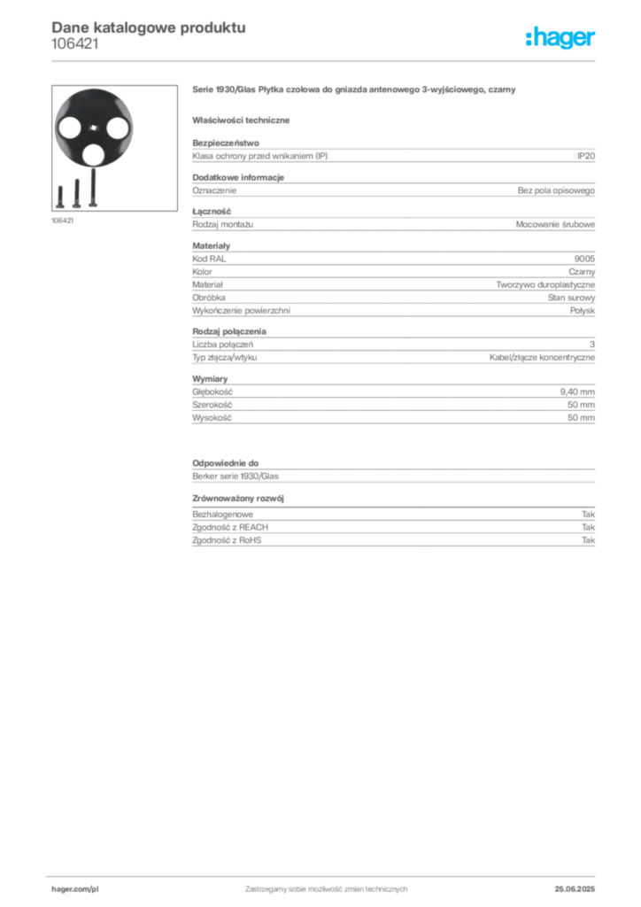 Zdjęcie Hager Dane katalogowe produktu 106421 | Hager Polska