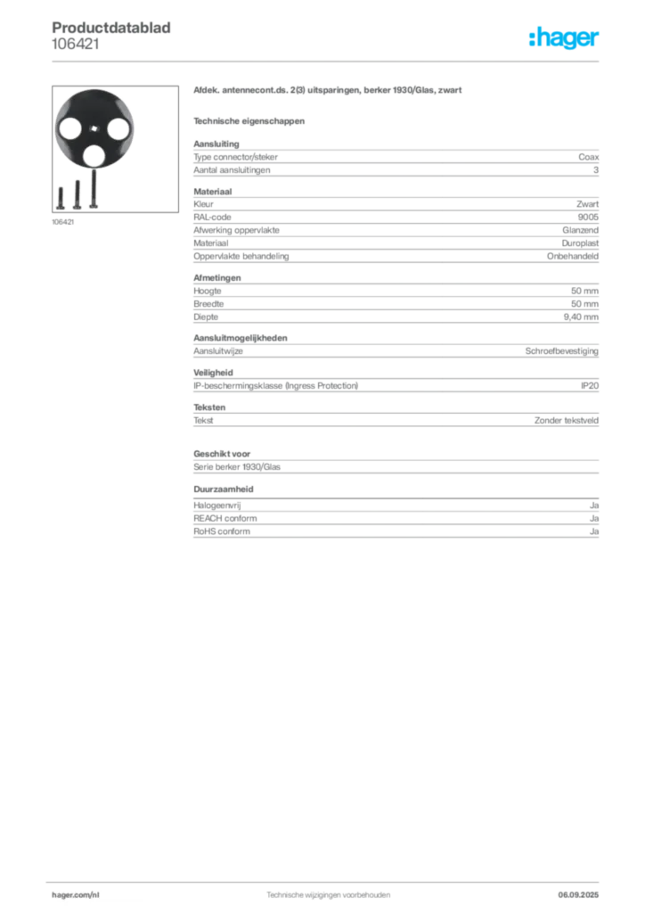 Afbeelding Hager Productdatablad 106421 | Hager Nederland