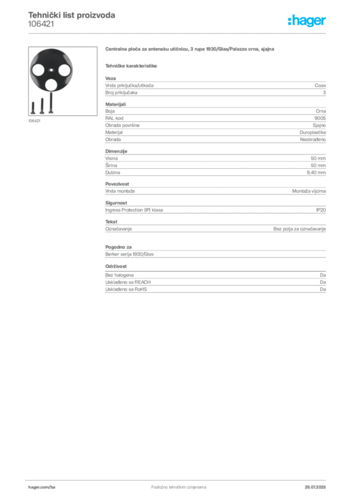 Slika Hager Product data sheet 106421  | Hager