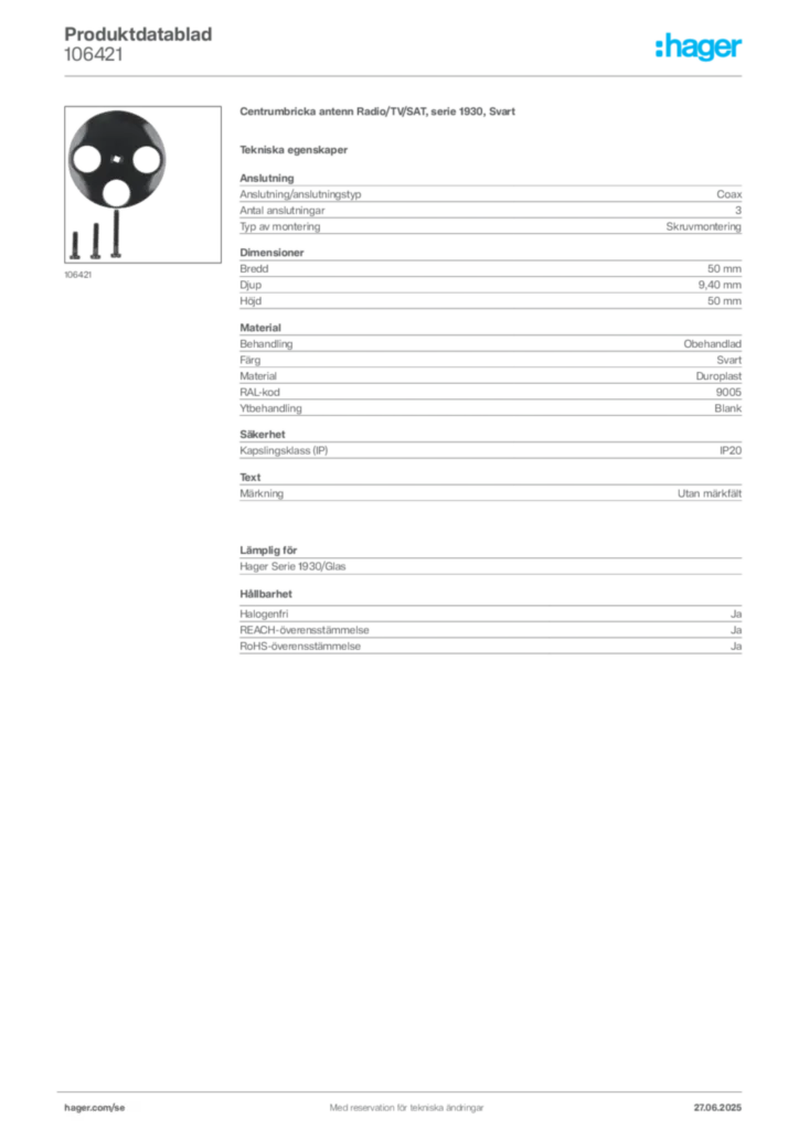 Bild Hager Produktdatablad 106421 | Hager Sverige