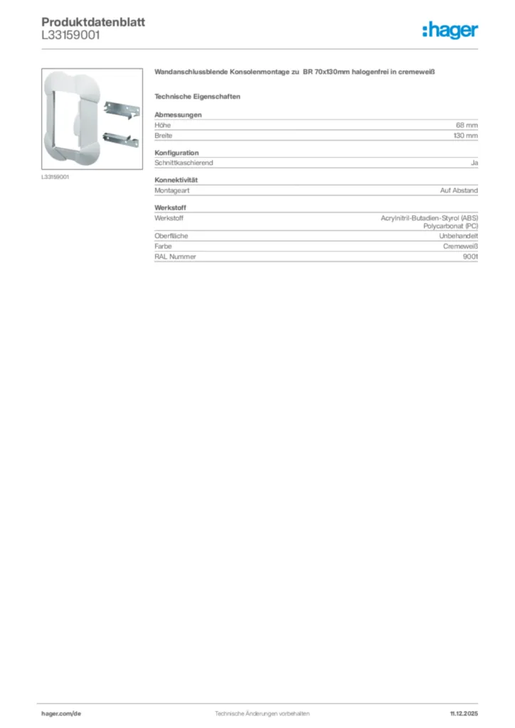 Bild Hager Produktdatenblatt L33159001 | Hager Deutschland