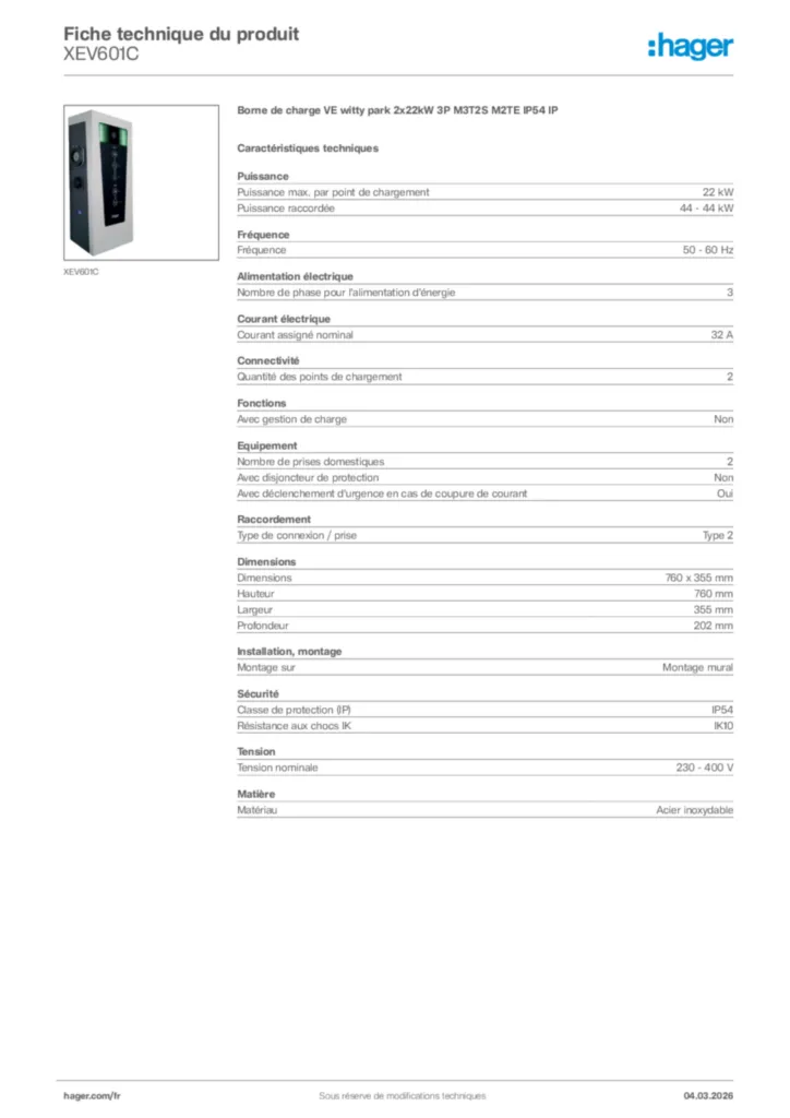 Image Hager Fiche technique du produit XEV601C | Hager France