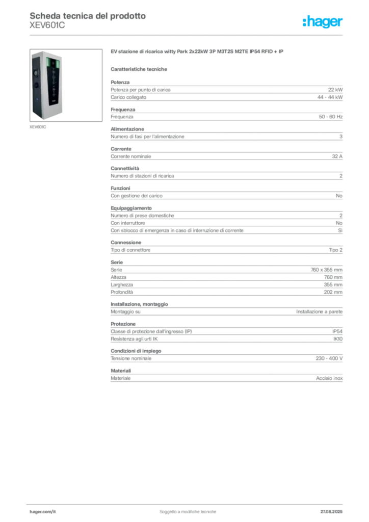 Immagine Hager Scheda tecnica del prodotto XEV601C | Hager Italia
