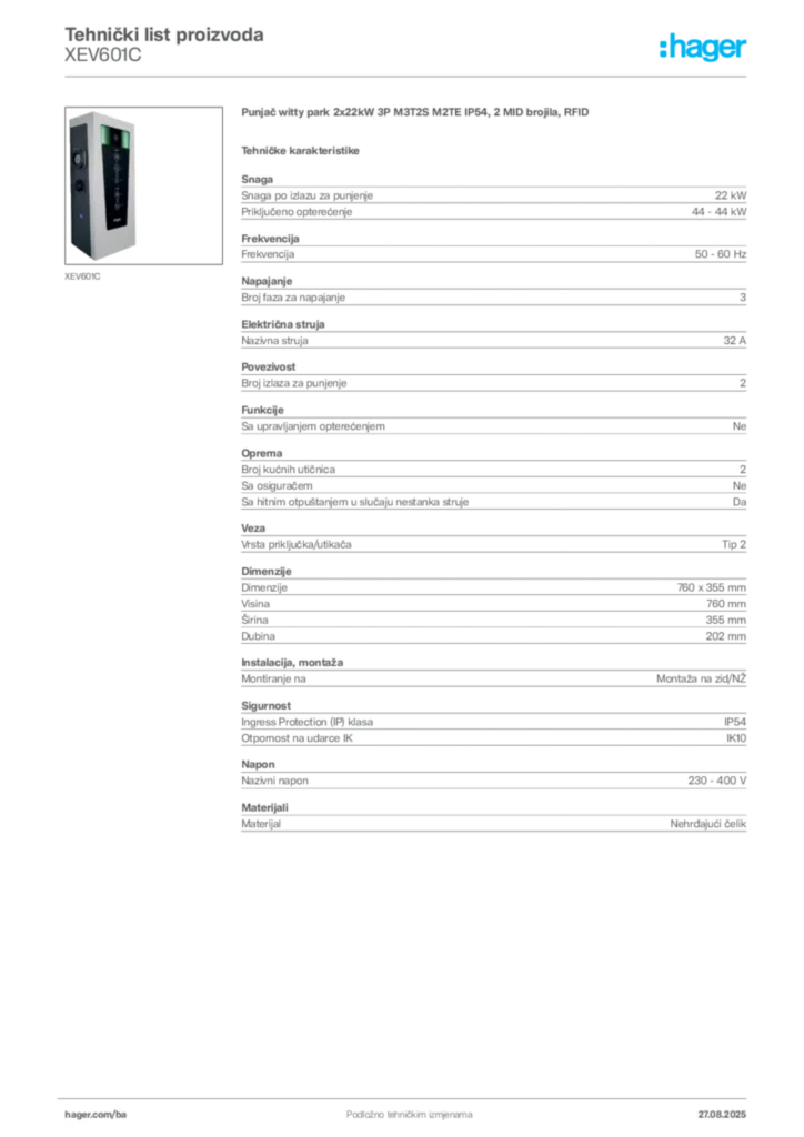 Slika Hager Product data sheet XEV601C  | Hager