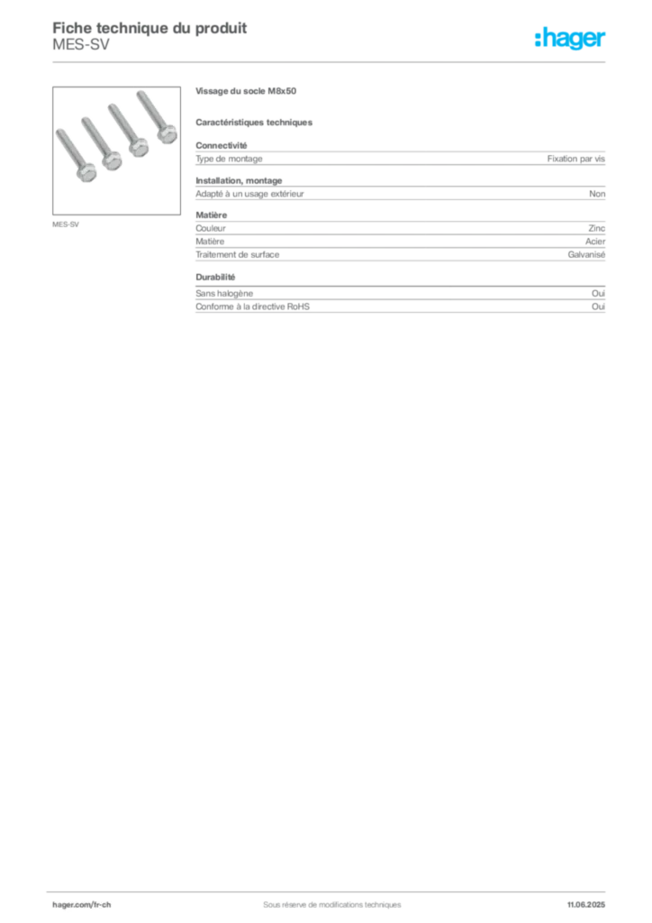 Image Hager Fiche technique du produit MES-SV | Hager Suisse