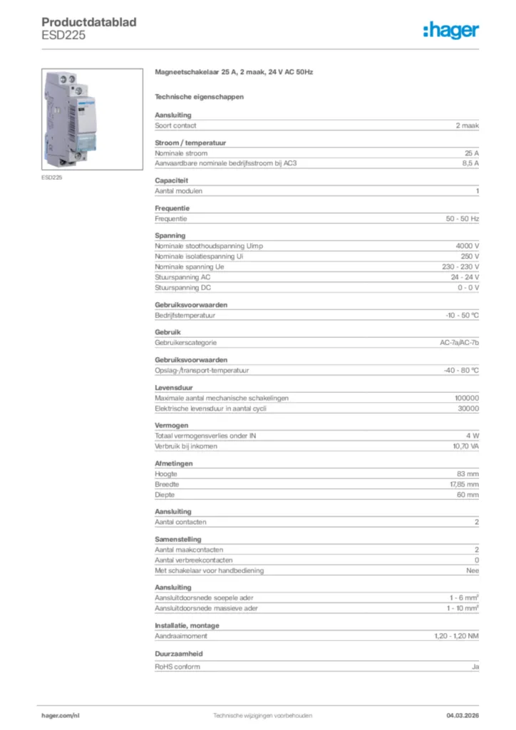 Afbeelding Hager Productdatablad ESD225 | Hager Nederland