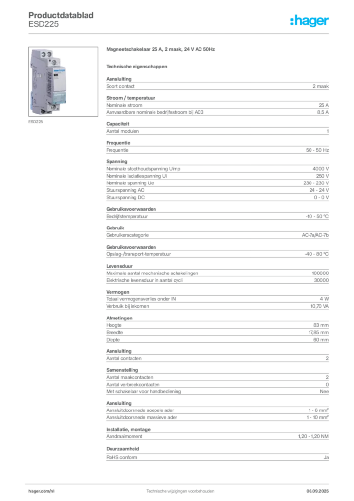 Afbeelding Hager Productdatablad ESD225 | Hager Nederland