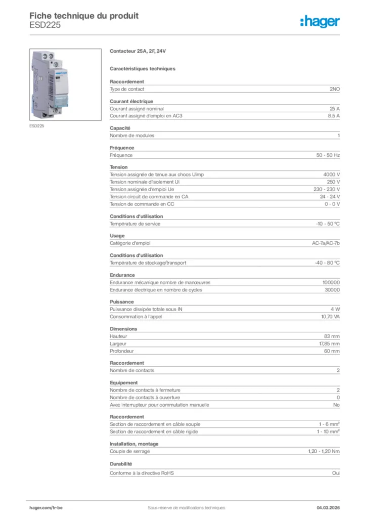 Image Hager Fiche technique du produit ESD225 | Hager Belgique