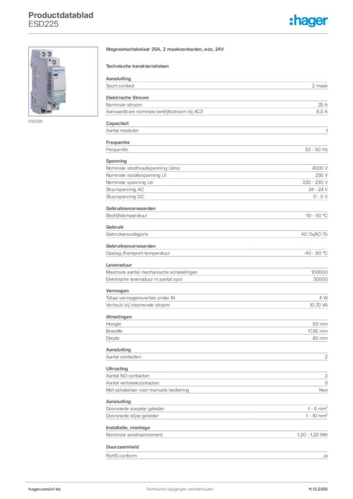 Afbeelding Hager Productdatablad ESD225 | Hager Belgium