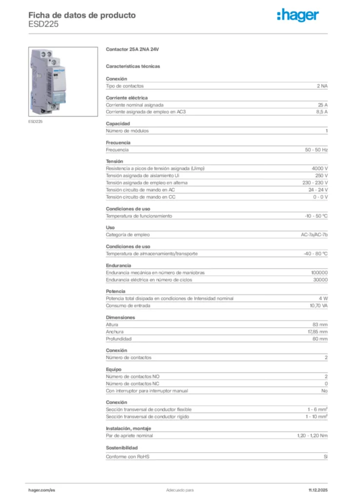 Imagen Hager Ficha de datos de producto ESD225 | Hager España