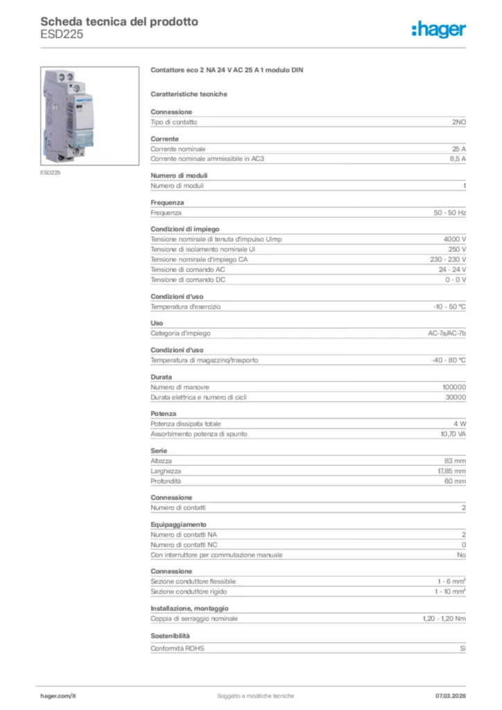 Immagine Hager Scheda tecnica del prodotto ESD225 | Hager Italia
