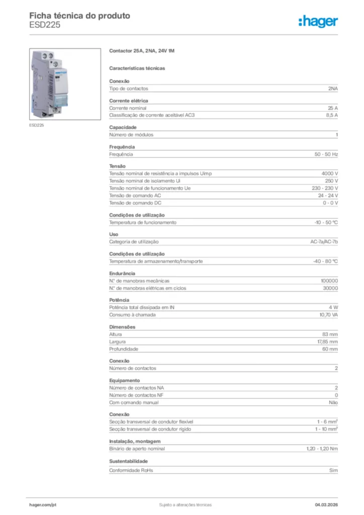 Imagem Hager Ficha técnica do produto ESD225 | Hager Portugal