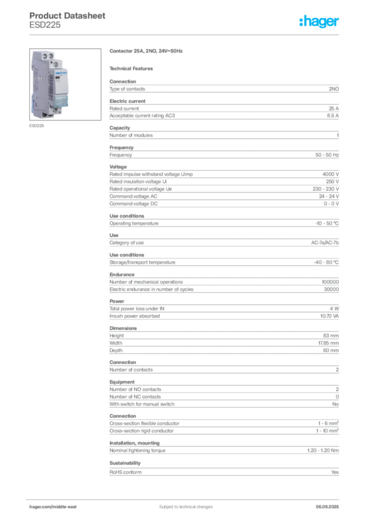 Image Hager Product data sheet ESD225  | Hager