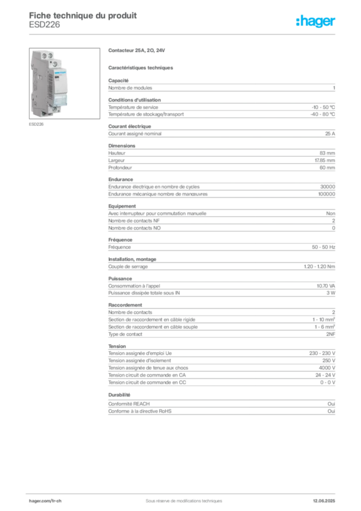 Image Hager Fiche technique du produit ESD226 | Hager Suisse