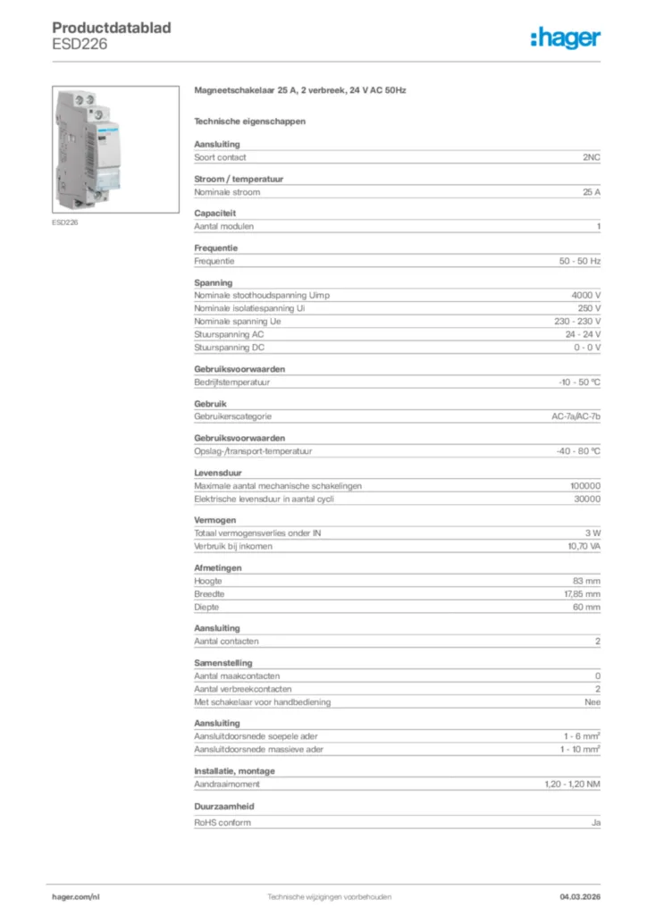 Afbeelding Hager Productdatablad ESD226 | Hager Nederland