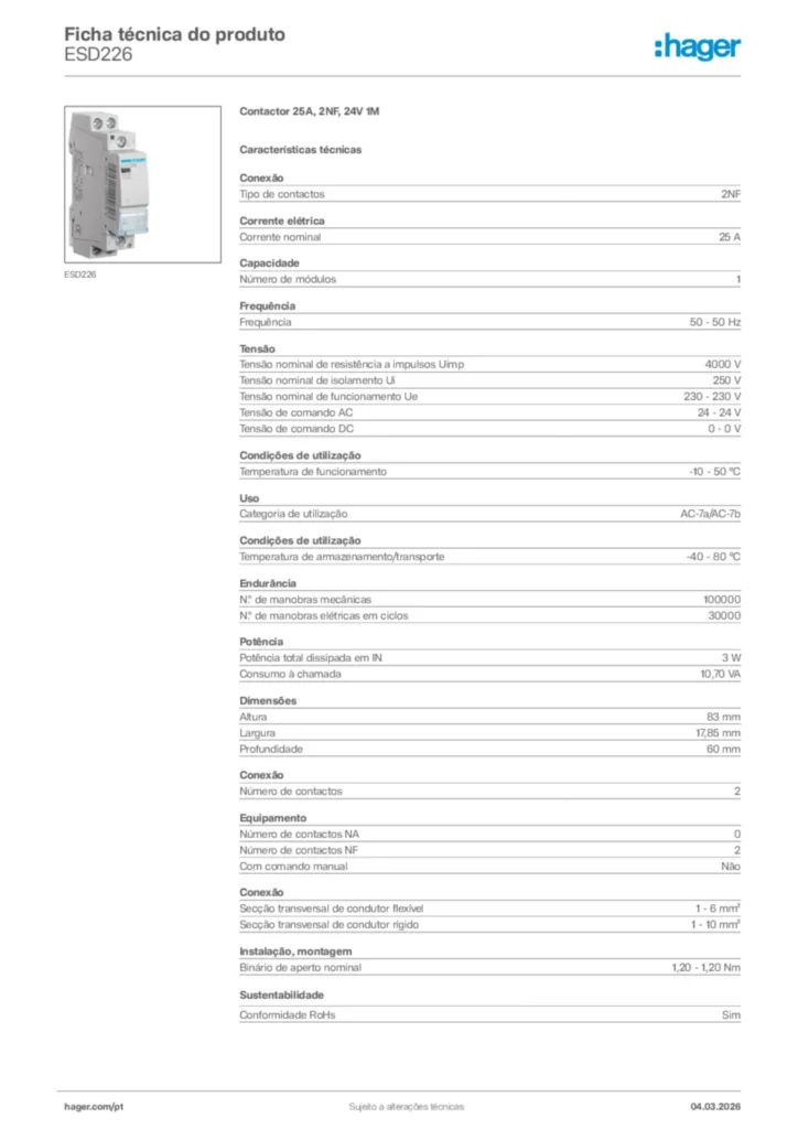 Imagem Hager Ficha técnica do produto ESD226 | Hager Portugal