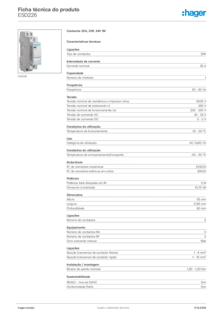 Imagem Hager Ficha técnica do produto ESD226 | Hager Portugal