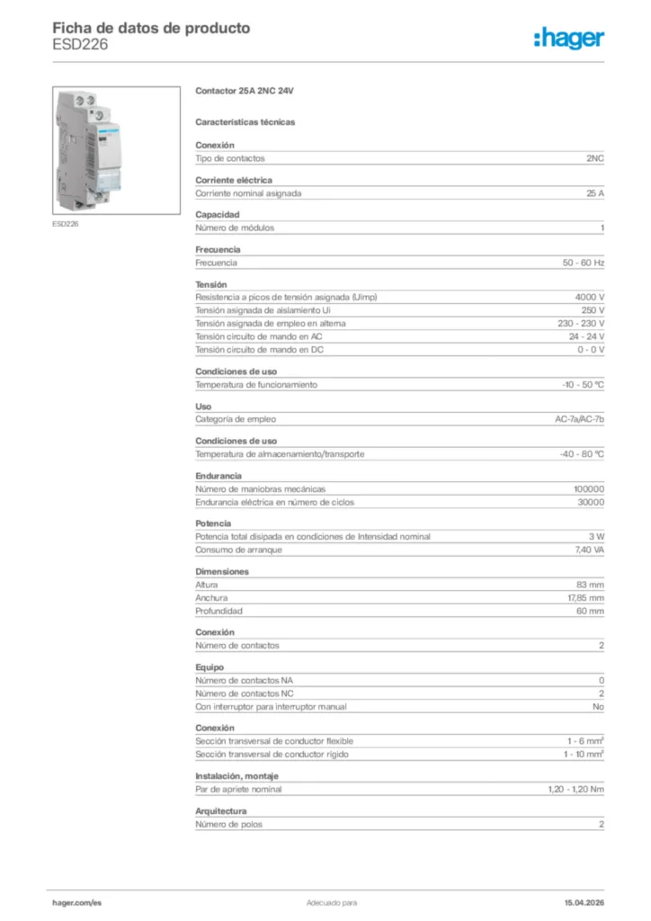 Imagen Hager Ficha de datos de producto ESD226 | Hager España