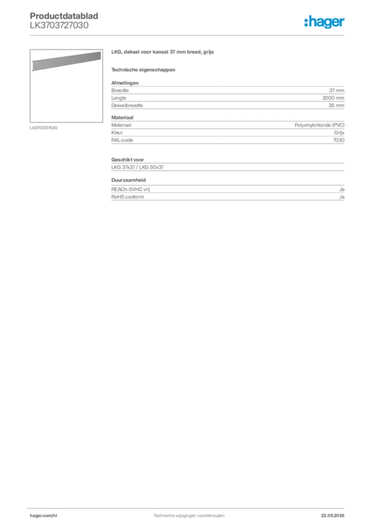 Afbeelding Hager Productdatablad LK3703727030 | Hager Nederland