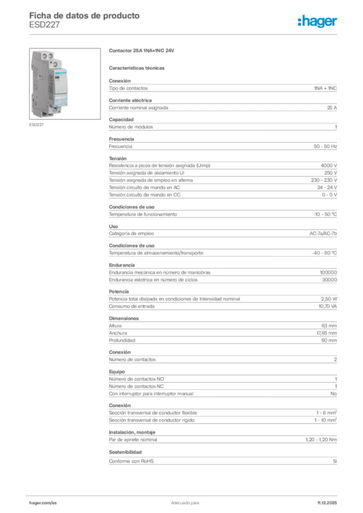 Imagen Hager Ficha de datos de producto ESD227 | Hager España