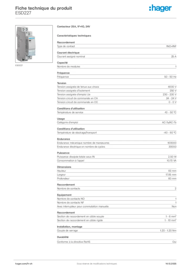 Image Hager Fiche technique du produit ESD227 | Hager Suisse