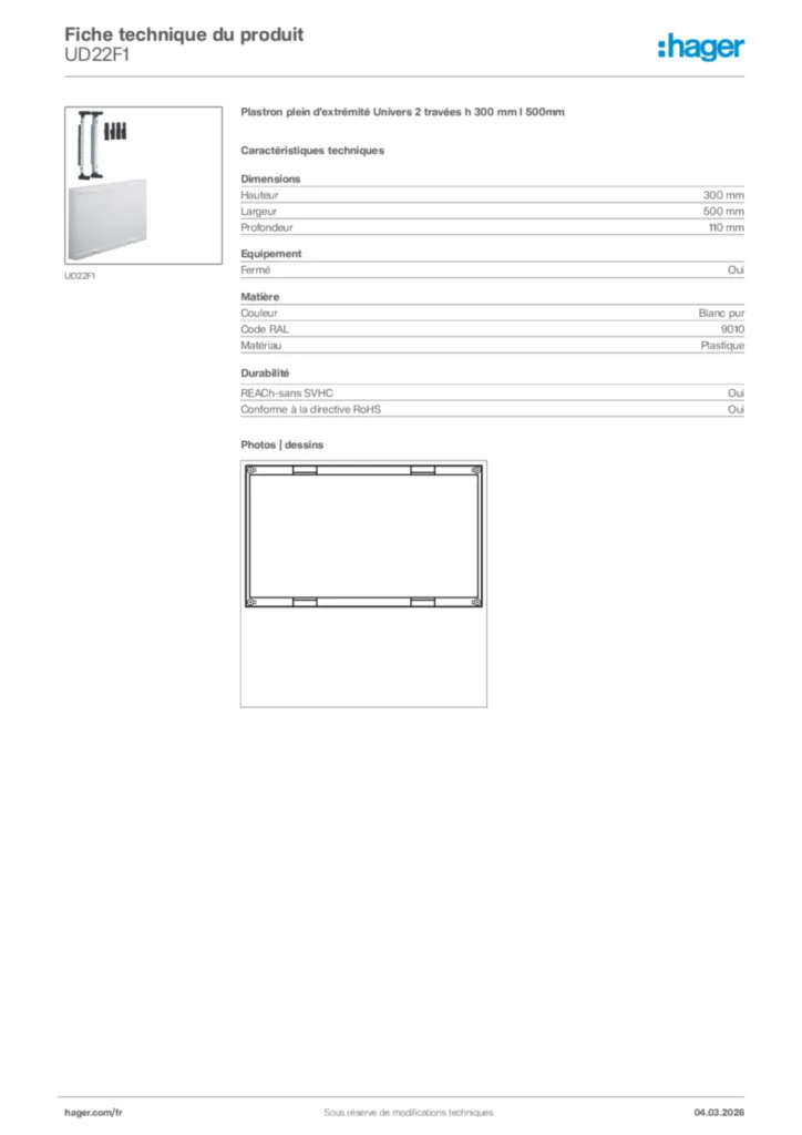 Image Hager Fiche technique du produit UD22F1 | Hager France