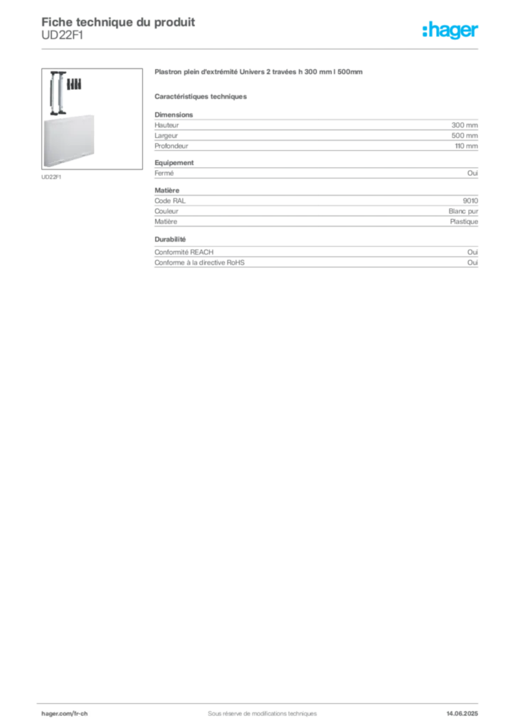 Image Hager Fiche technique du produit UD22F1 | Hager Suisse