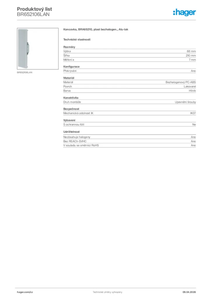 Obrázek Hager Product data sheet BR652106LAN | Hager