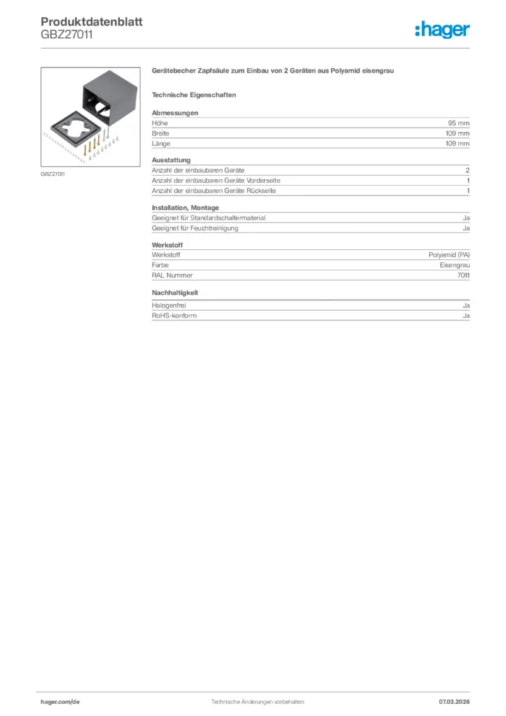Bild Hager Produktdatenblatt GBZ27011 | Hager Deutschland