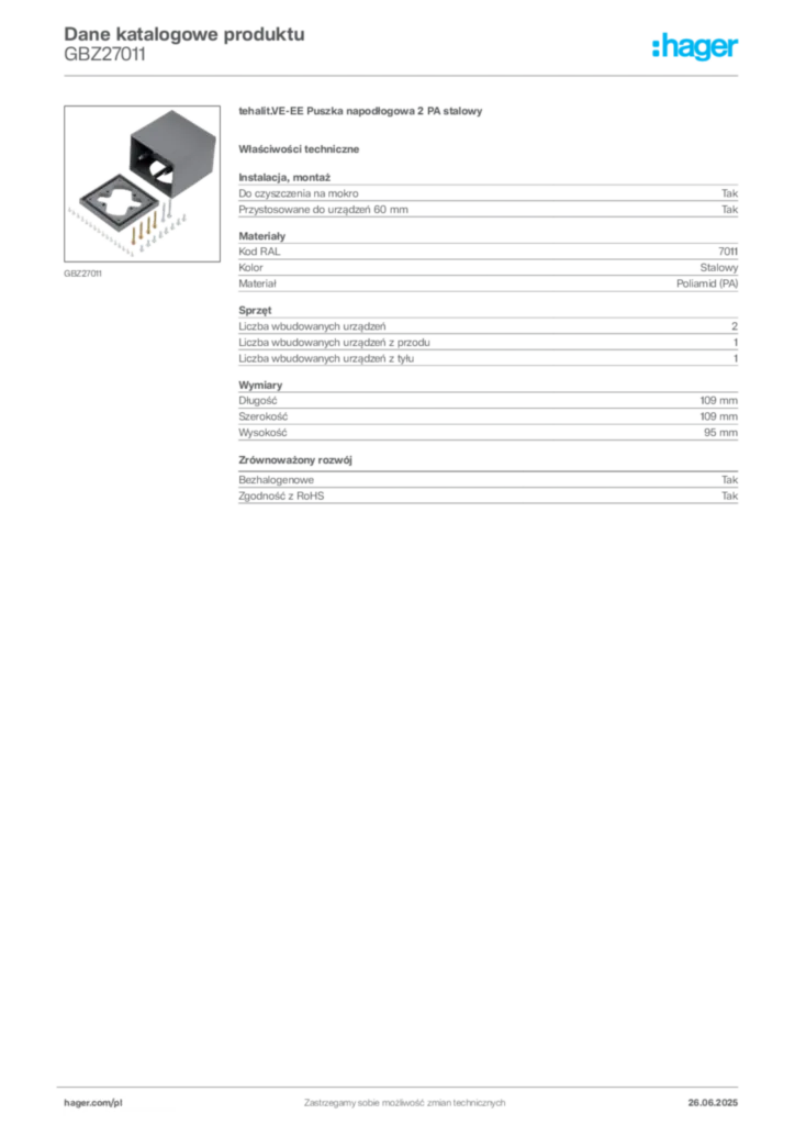 Zdjęcie Hager Dane katalogowe produktu GBZ27011 | Hager Polska