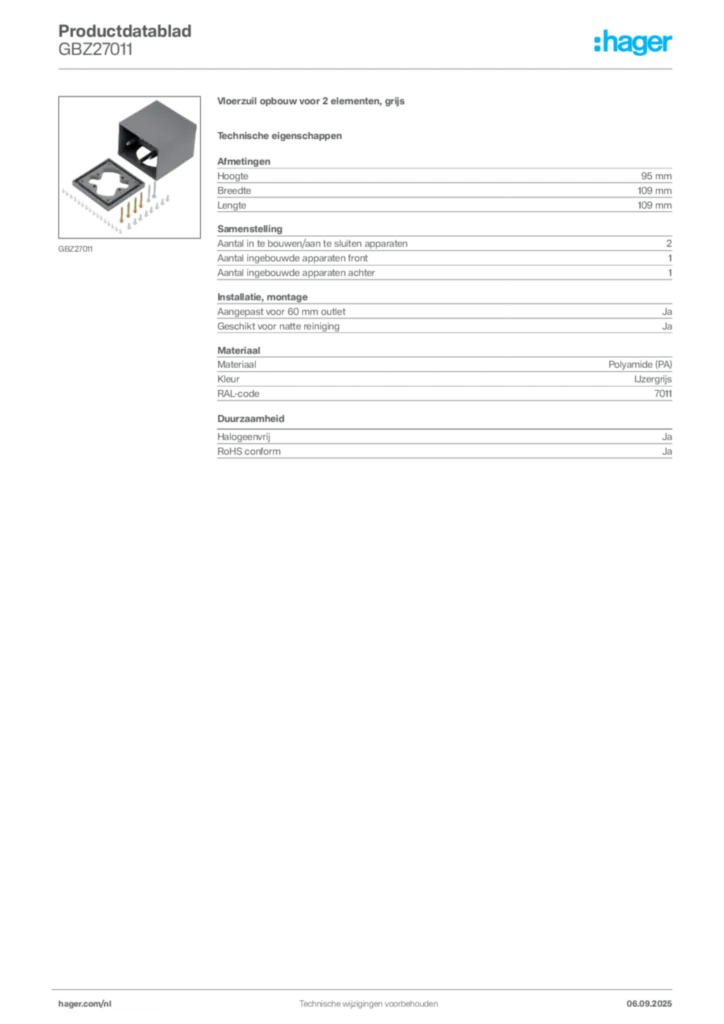 Afbeelding Hager Productdatablad GBZ27011 | Hager Nederland