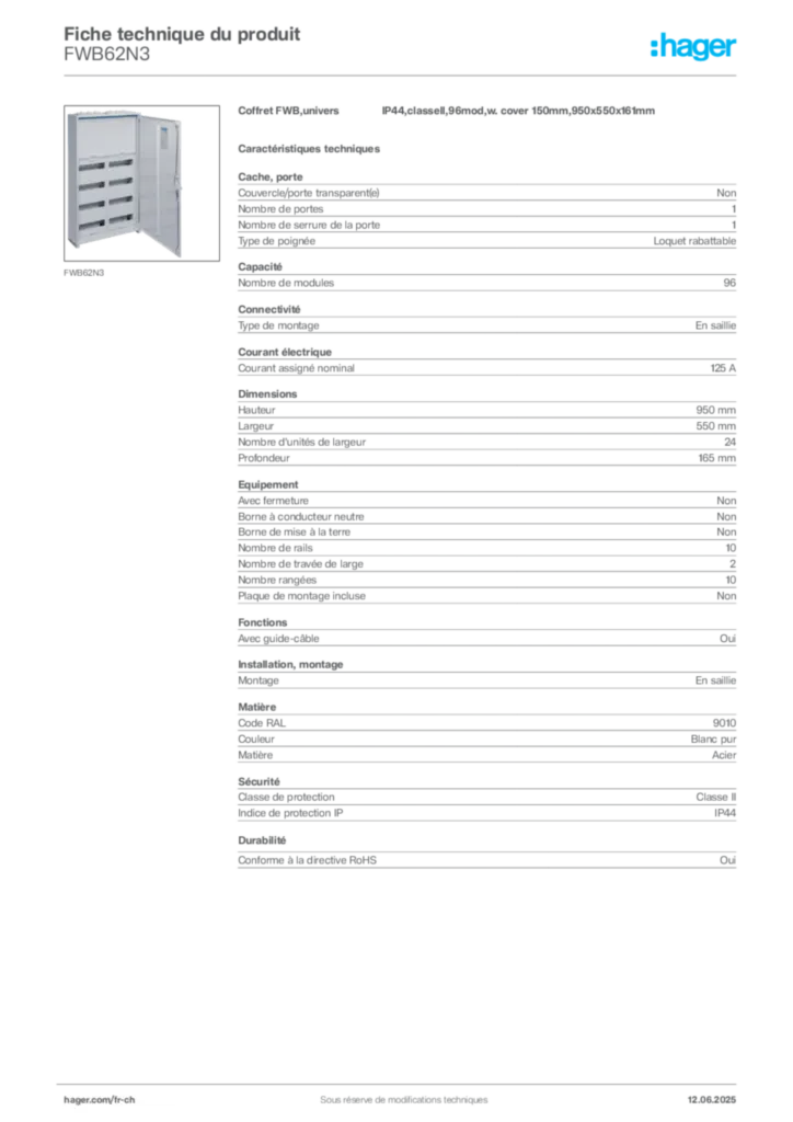 Image Hager Fiche technique du produit FWB62N3 | Hager Suisse