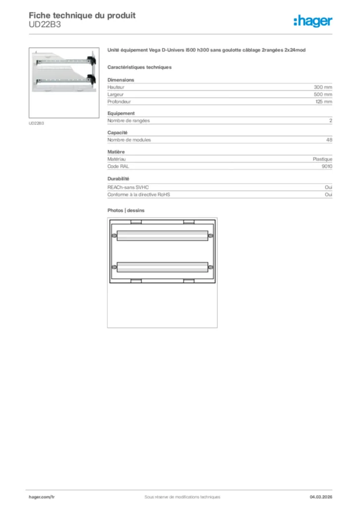 Image Hager Fiche technique du produit UD22B3 | Hager France
