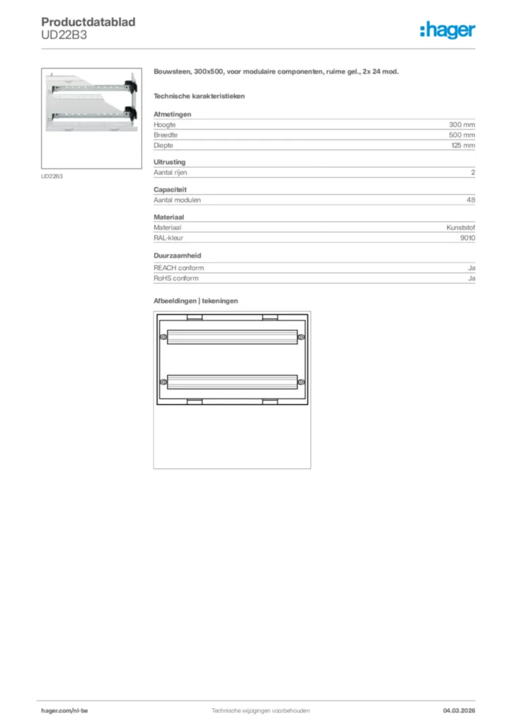 Afbeelding Hager Productdatablad UD22B3 | Hager Belgium