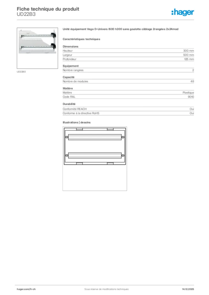 Image Hager Fiche technique du produit UD22B3 | Hager Suisse